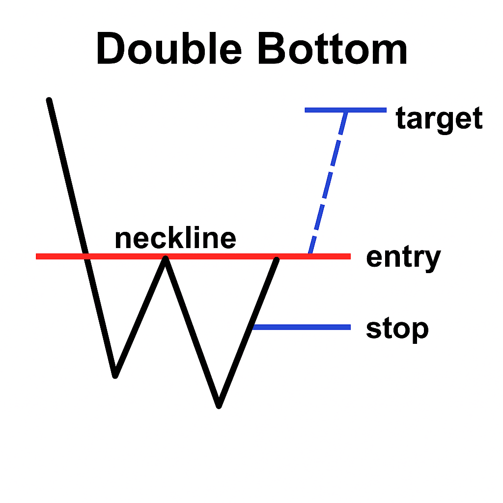 더블 바텀 예시 차트(‘W’형, 넥라인 돌파 캔들 강조)