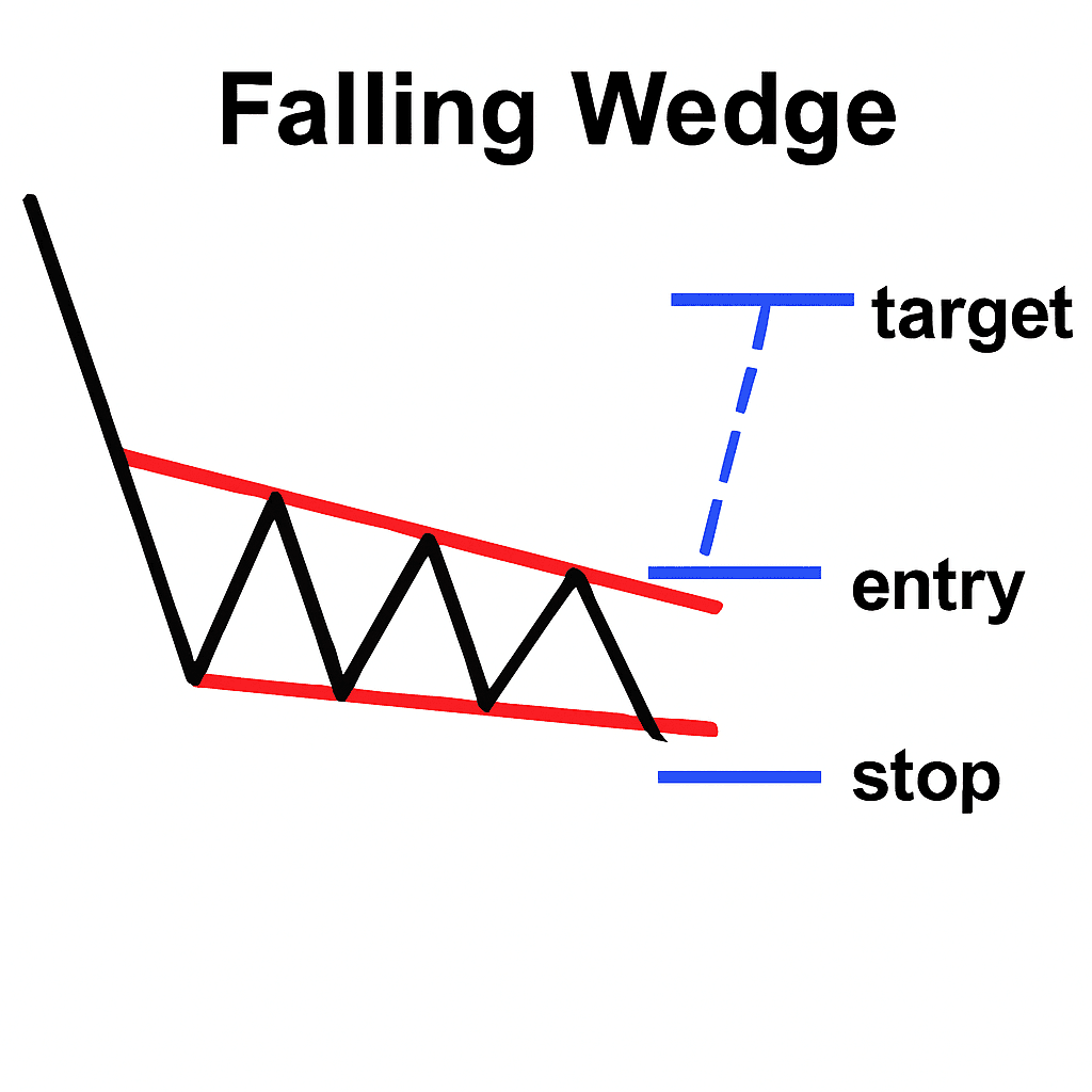 폴링 웻지 예시(상·하단 하락 수렴, 상단선 돌파 강조)