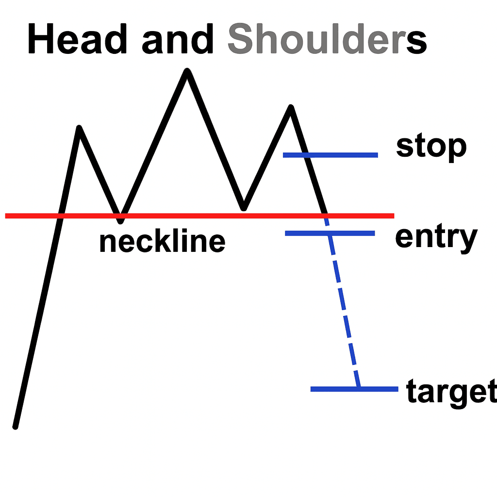 헤드앤숄더 예시 차트(좌·우 어깨, 머리, 넥라인 명시)