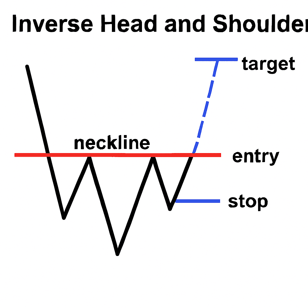 역헤드앤숄더: 좌우 어깨·머리(더 낮은 저점), 넥라인 상향 돌파