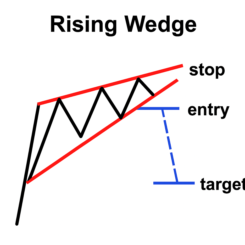 라이징 웻지 예시(상·하단 상승 수렴 채널, 하단선 이탈 표기)