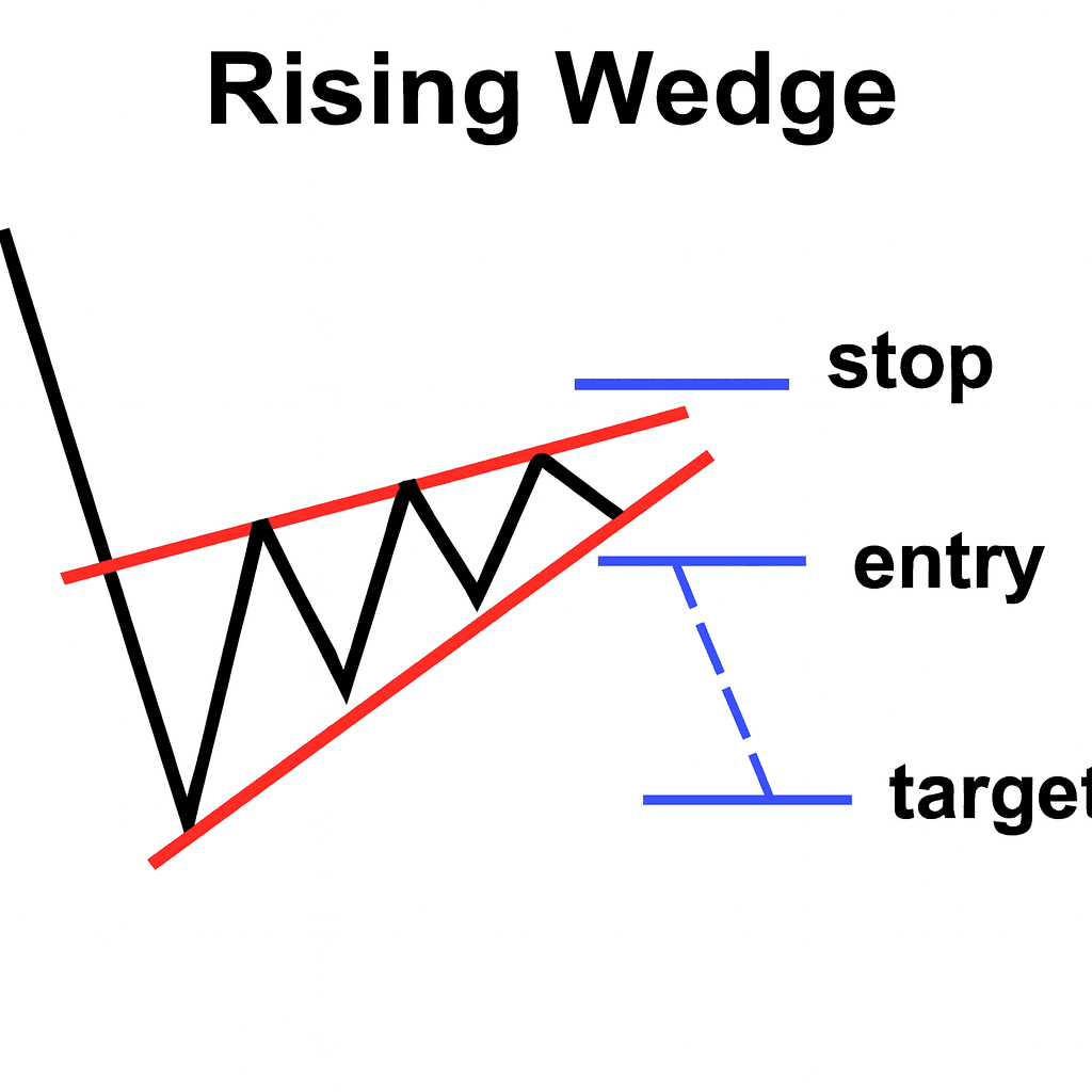 라이징 웻지 지속형 예시: 하단선 이탈, 거래량 확장
