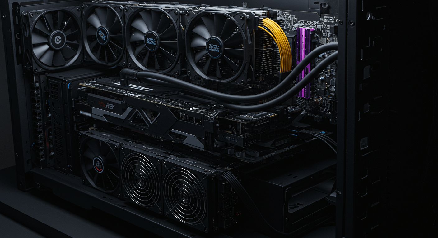 고성능 그래픽카드와 채굴기 장비가 놓인 작업실 모습