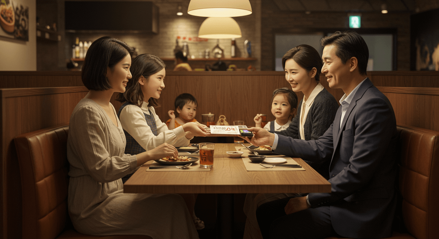 음식점에서 할인 쿠폰을 적용하는 모습