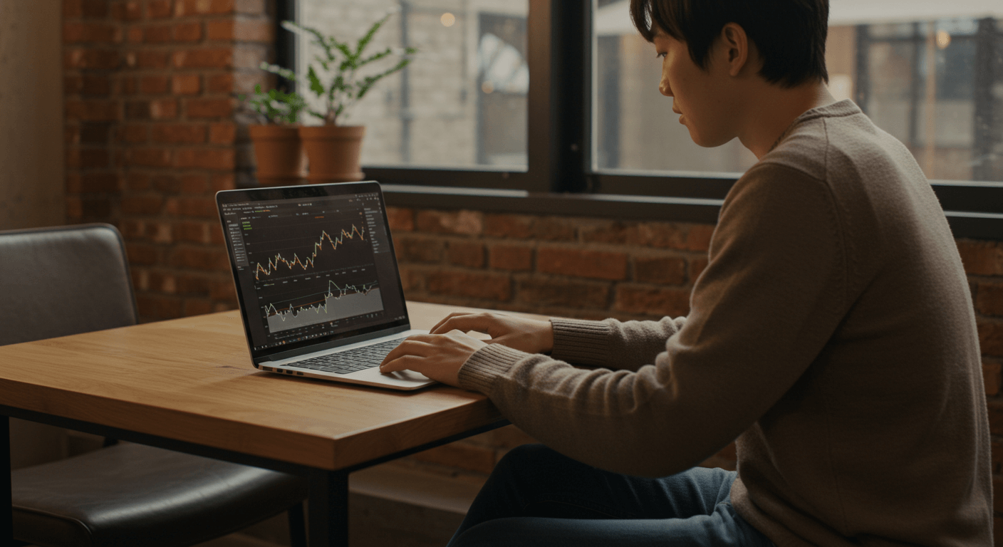 카페에서 노트북으로 비트코인을 확인하는 젊은 세대