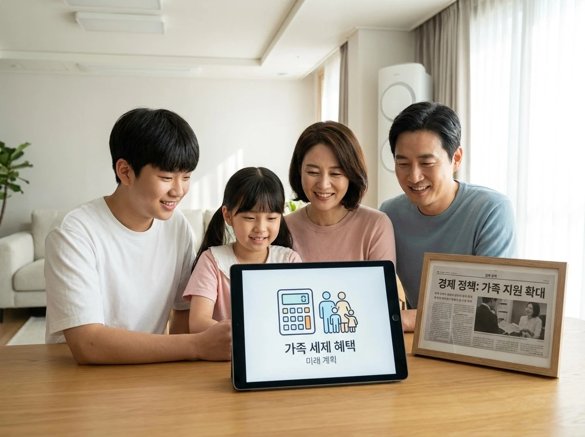 가족이 함께 연말정산 혜택을 논의하는 이미지