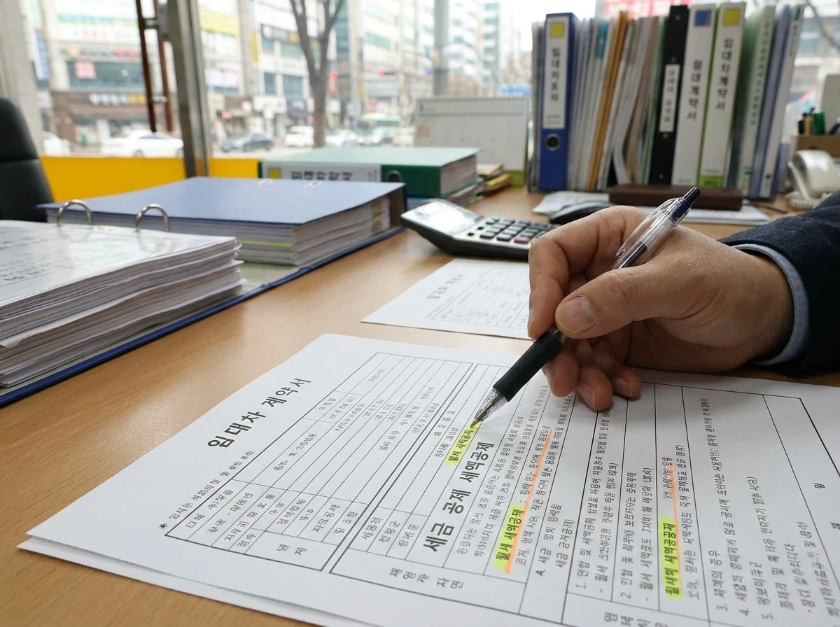 임대차 계약서를 가리키는 손
