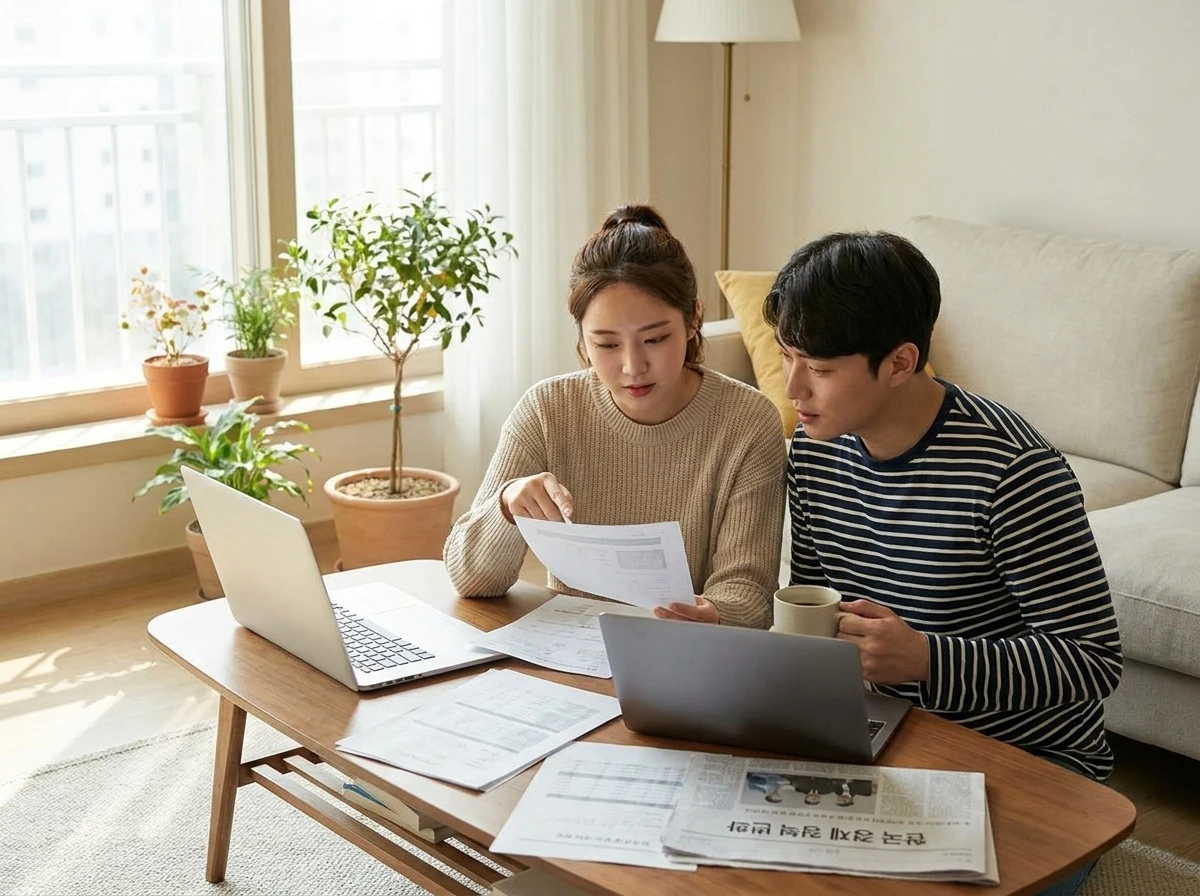 신혼부부가 연말정산 서류를 보며 세액공제에 대해 이야기하는 모습