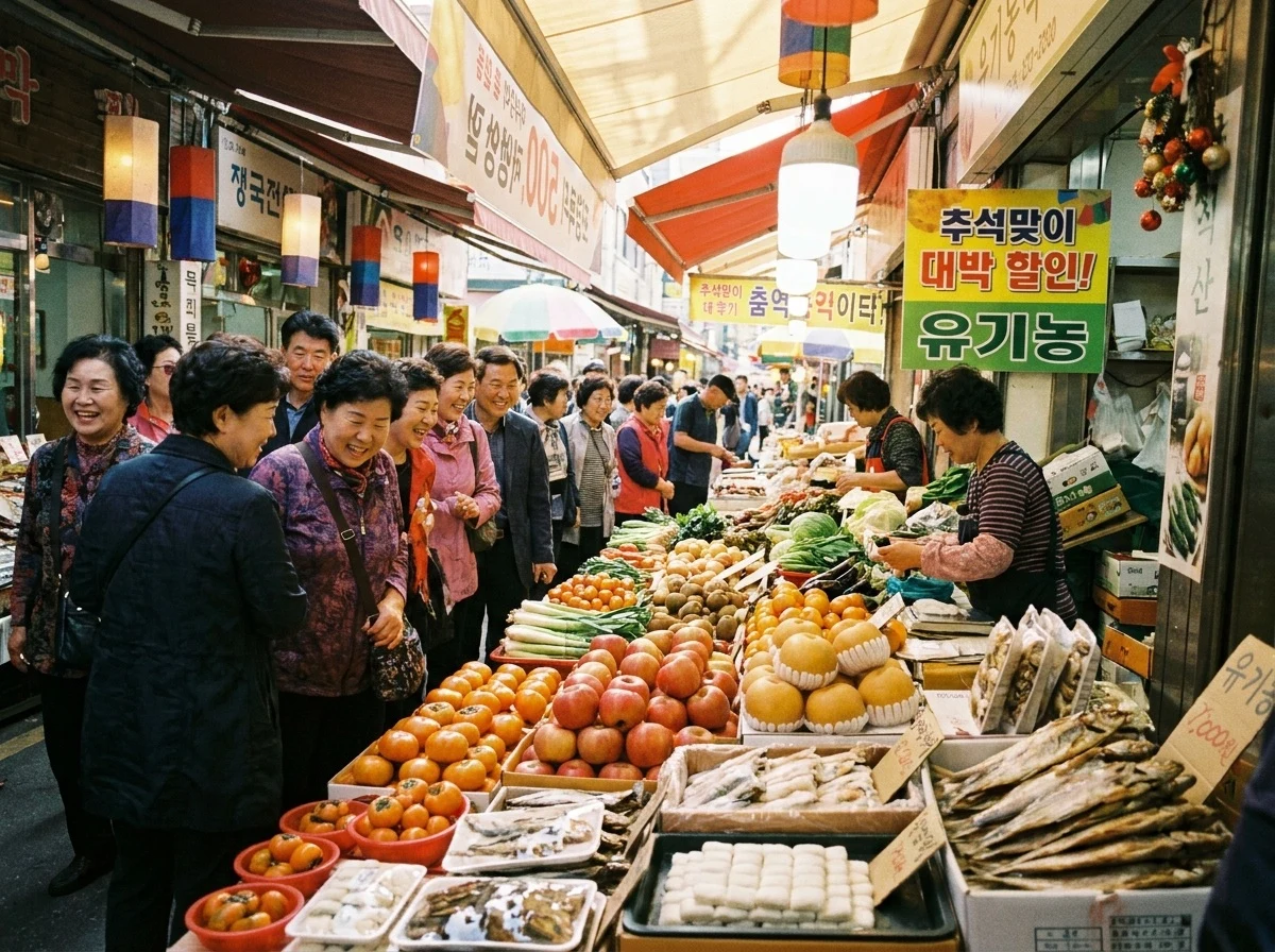 명절 특별 할인 기간에 전통시장에서 온누리상품권으로 알뜰하게 장을 보는 시민들