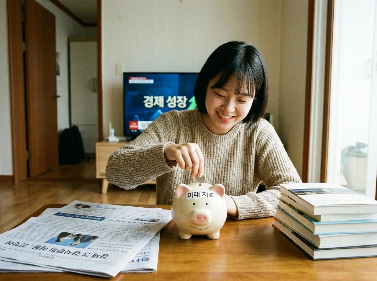 돼지 저금통에 돈을 저축하는 청년의 모습